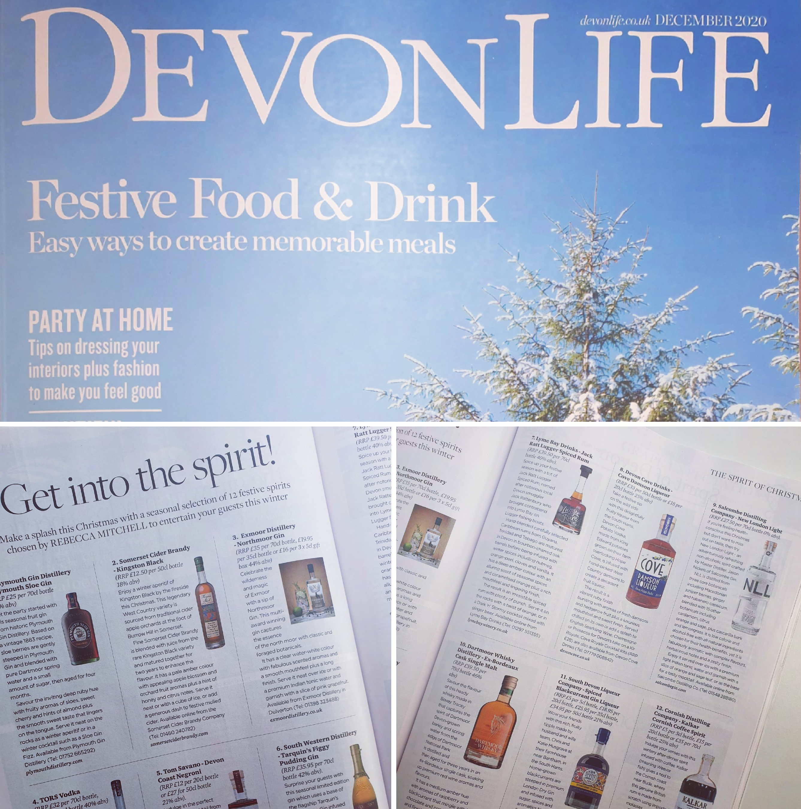 Devon Life Magazine Cover image light blue with white writing saying devon life festive food & drink